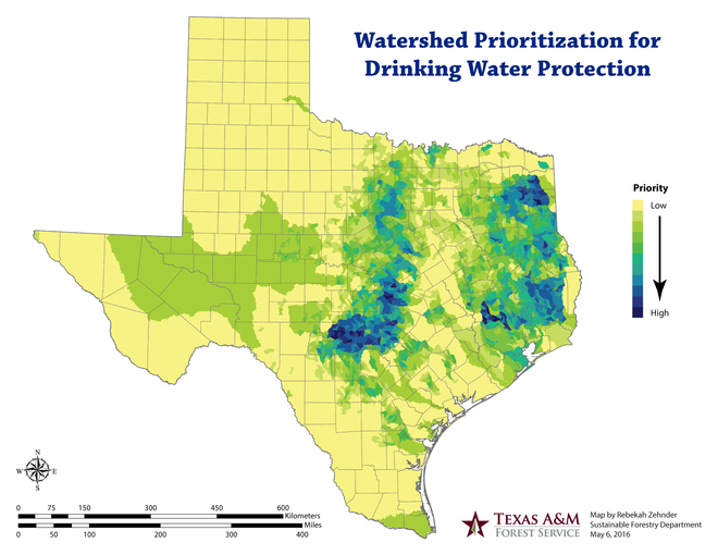 Watershed prioritization for drinking water protection map shows higher priorities in Northeast Texas, Northwest Houston, Southeast Texas, and the Hill Country